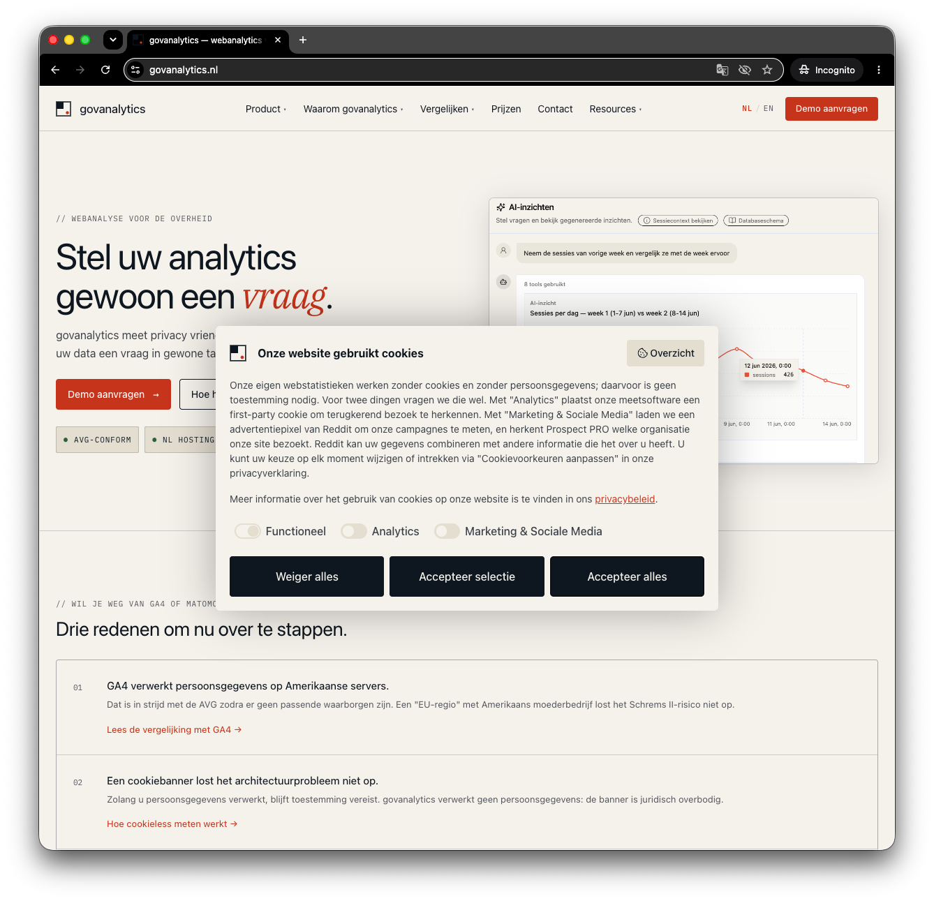 De cookiebanner van Consent Studio live op govanalytics.nl, met categorieen Functioneel, Analytics en Marketing en de knoppen Weiger alles, Accepteer selectie en Accepteer alles