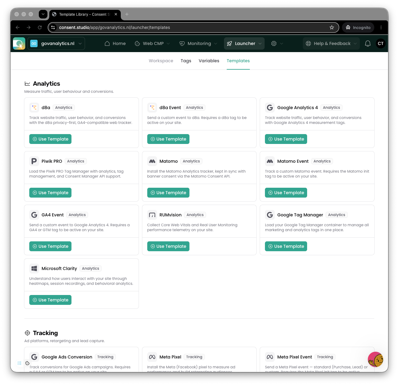 De template-galerij van Consent Studio Launcher met kant-en-klare analytics-integraties: d8a, Google Analytics 4, Piwik PRO, Matomo, RUMvision, Microsoft Clarity en Google Tag Manager