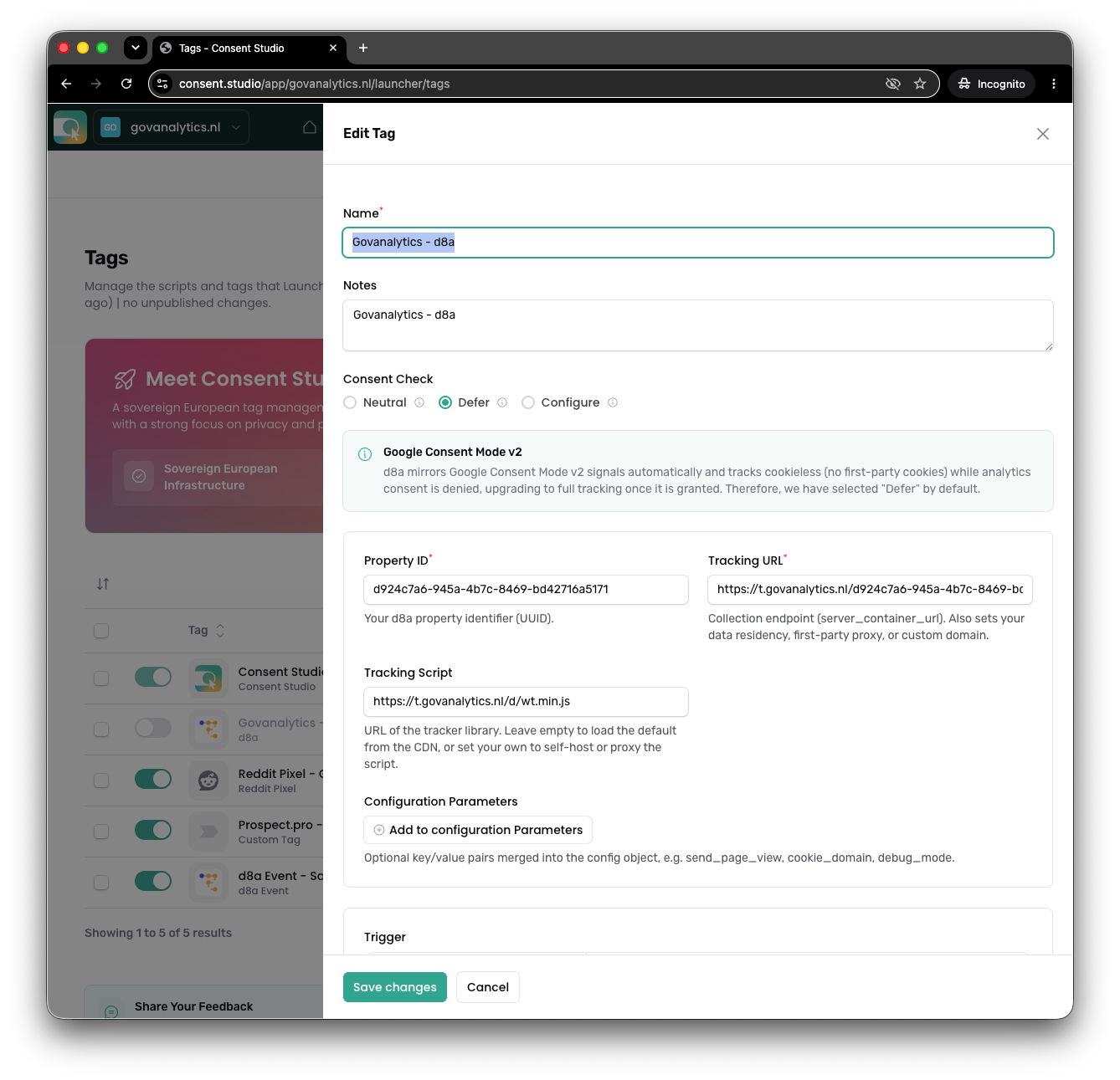 De tag-configuratie van de govanalytics d8a-tag in Consent Studio Launcher, met de consent check op Defer en een toelichting op Google Consent Mode v2